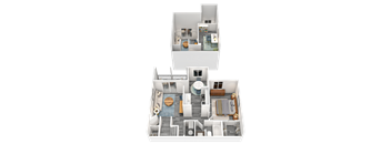 A 3D image of a house layout with a kitchen, living room, dining room, and bathroom.