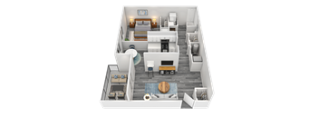 A 3D floor plan of a house with a living room, kitchen, dining room, and bedrooms.