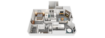 A 3D rendered image of a modern apartment layout.