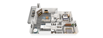 A 3D floor plan of a house with multiple rooms and furniture.