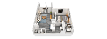 A 3D rendered image of a modern apartment layout.
