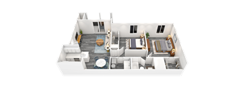 A 3D rendered image of a modern apartment layout.