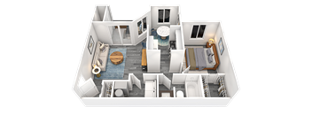 A 3D rendered image of a modern apartment layout.