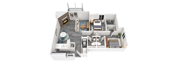 A 3D floor plan of a house with a kitchen, living room, and bedrooms.