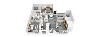 A 3D floor plan of a house with multiple rooms and furniture.
