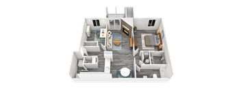 A 3D floor plan of a house with a kitchen, living room, dining room, and bedrooms.