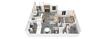 A 3D rendered image of a modern apartment layout.