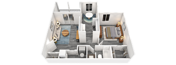 A 3D rendered image of a house interior.