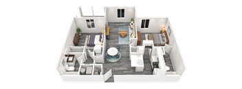 A 3D rendered image of a modern apartment layout.