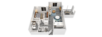 A 3D rendered image of a modern apartment layout.