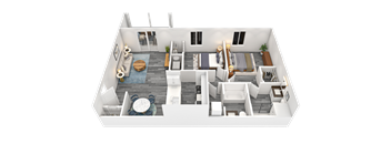 A 3D rendered image of a modern apartment layout.