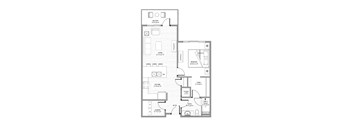 A floor plan of an apartment with a salon, laundry room, and kitchen.