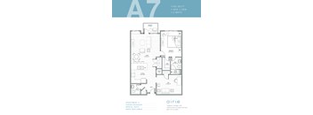Apartment floor plan with a kitchen, living room, and two bedrooms.