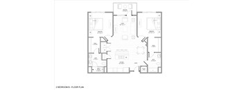 A black and white image of a 2 bedroom apartment floor plan.