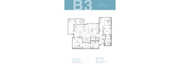 A floor plan for apartment B3 with 2 bedrooms and 2 bathrooms.