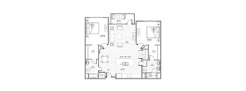 A black and white floor plan of an apartment with labeled rooms and measurements.