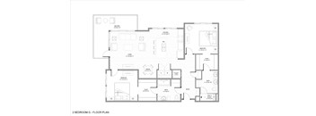 A black and white image of a 2 bedroom apartment floor plan.