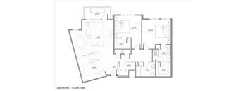 A black and white image of a 2 bedroom apartment floor plan.