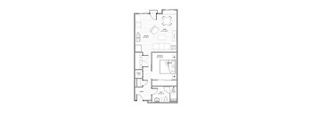 A floor plan of a house with a living room, two bedrooms, a bathroom, and a kitchen.