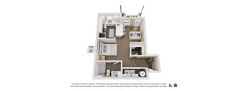 A floor plan of an apartment with a kitchen, living room, and two bedrooms.