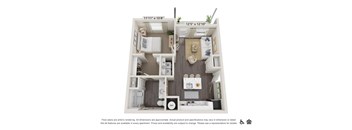 A floor plan of a small apartment with a bedroom, living room, and kitchen.