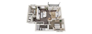 A 3D floor plan of a small apartment with a living room, kitchen, and bathroom.