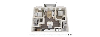 A floor plan of an apartment with two bedrooms, a living room, a kitchen, and a bathroom.