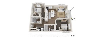 A floor plan of an apartment with a living room, kitchen, and bathroom.