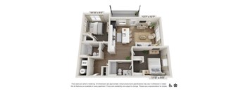 A floor plan of a small apartment with a kitchen, living room, and two bedrooms.