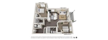 A floor plan of an apartment with a kitchen, living room, and two bedrooms.