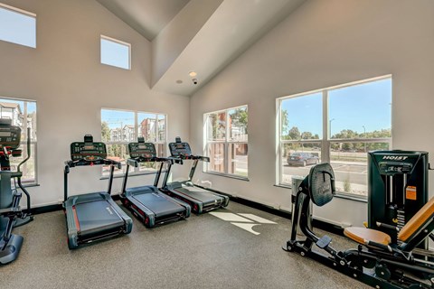 A home gym with treadmills and exercise equipment.