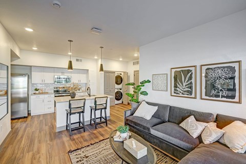 A modern living room with a grey couch and a coffee table.