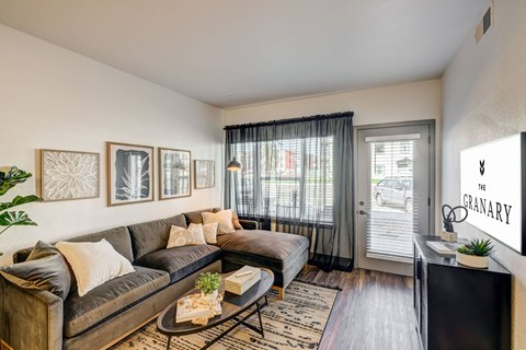 A living room with a grey couch, a coffee table, and a plant.
