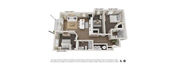 A floor plan of an apartment with a kitchen, living room, and two bedrooms.