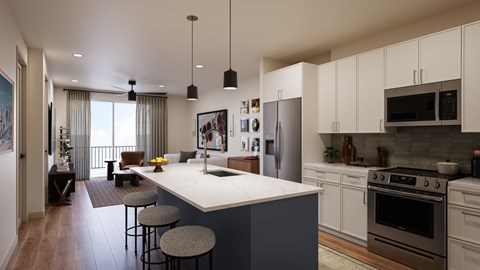 A modern kitchen with a large island and stools.