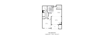 A floor plan of a one bedroom apartment with one bathroom.