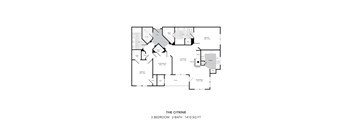 A floor plan of a 3 bedroom, 2 bathroom apartment with a total area of 1410 square feet.