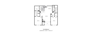 A black and white image of a floor plan for a 2 bedroom, 2 bathroom apartment.