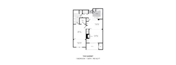 A black and white floor plan of a one bedroom, one bath garnet sized at 985 square feet.
