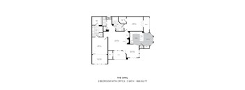 A floor plan for a 2 bedroom apartment with an office and 2 bathrooms totaling 1488 square feet.