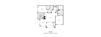 A floor plan of a 2 bedroom, 2 bathroom apartment sized 1303 square feet.