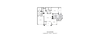 A floor plan for a 2 bedroom, 2 bathroom apartment that is 1420 square feet.