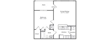 A black and white image of a house floor plan with a patio, bedroom, bath, closet, laundry, and kitchen.