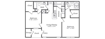 A black and white floor plan of a two bedroom apartment.