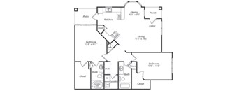 A black and white image of a house floor plan with a living room, two bedrooms, a kitchen, a pantry, a laundry room, and a bathroom.