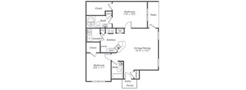 A black and white floor plan of a house with a living room, dining room, kitchen, two bedrooms, a bath, a laundry area, and a garden.