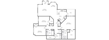 A black and white image of a house floor plan with an entry, dining area, living room, kitchen, pantry, two bedrooms, a bath, a laundry area, and storage.