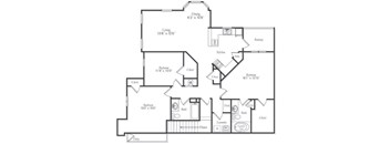 A black and white image of a house floor plan with a living room, kitchen, dining room, and multiple bedrooms.