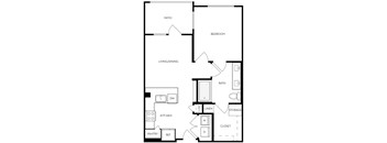 A floor plan of a house with a patio, bedroom, living/dining area, kitchen, pantry, linen closet, and storage.