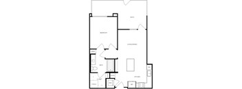 A black and white floor plan of a house with a bedroom, living/dining area, kitchen, bath, and closet.